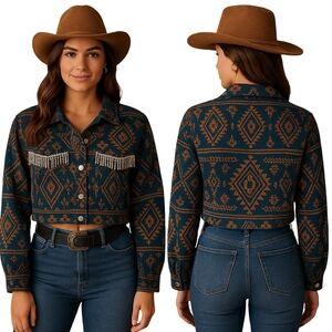 SAVANNA JANE Jacket Womens Medium Teal Western Boho Fringe Bling